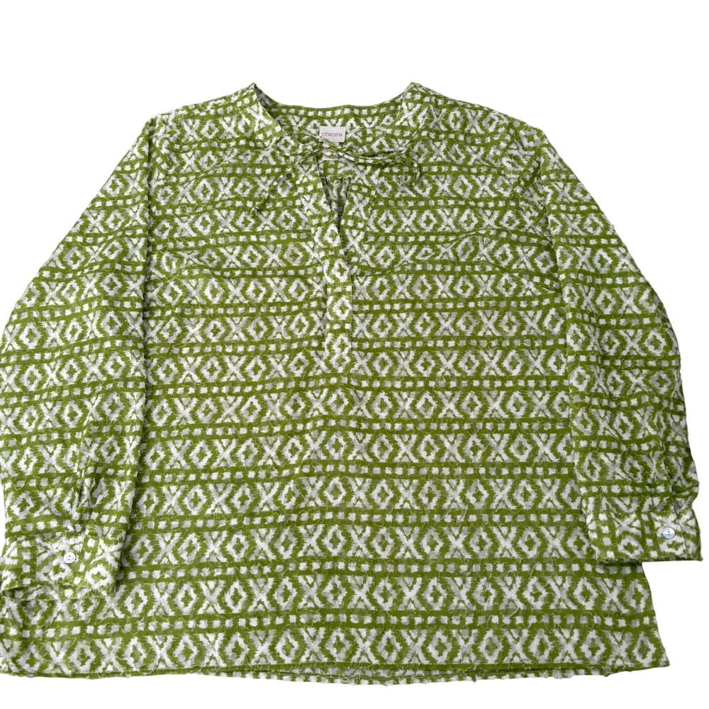 Chicos‎ Women's Green White Geometric Ikat Print Tie Neck Tunic Blouse XL Spring